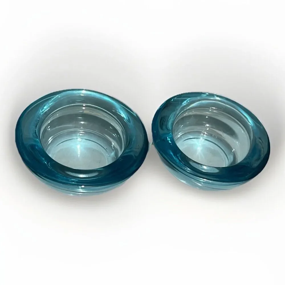 2 Crate & Barrel Glass Summer Turquoise Tea Light Candle Votive Holders